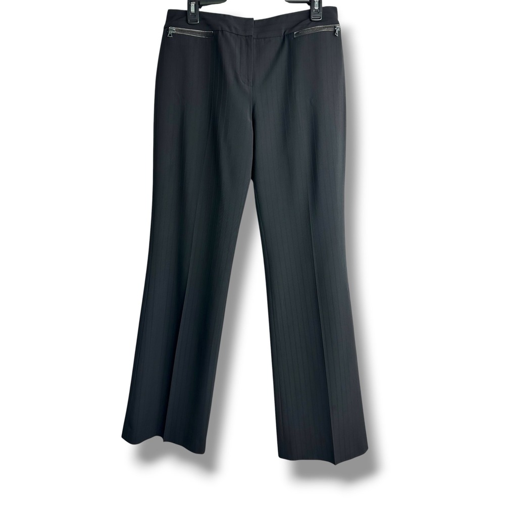 Tahari Black Pinstripe Wide‎ Leg Dress Pants Faux Leather Trim Zip Size 6